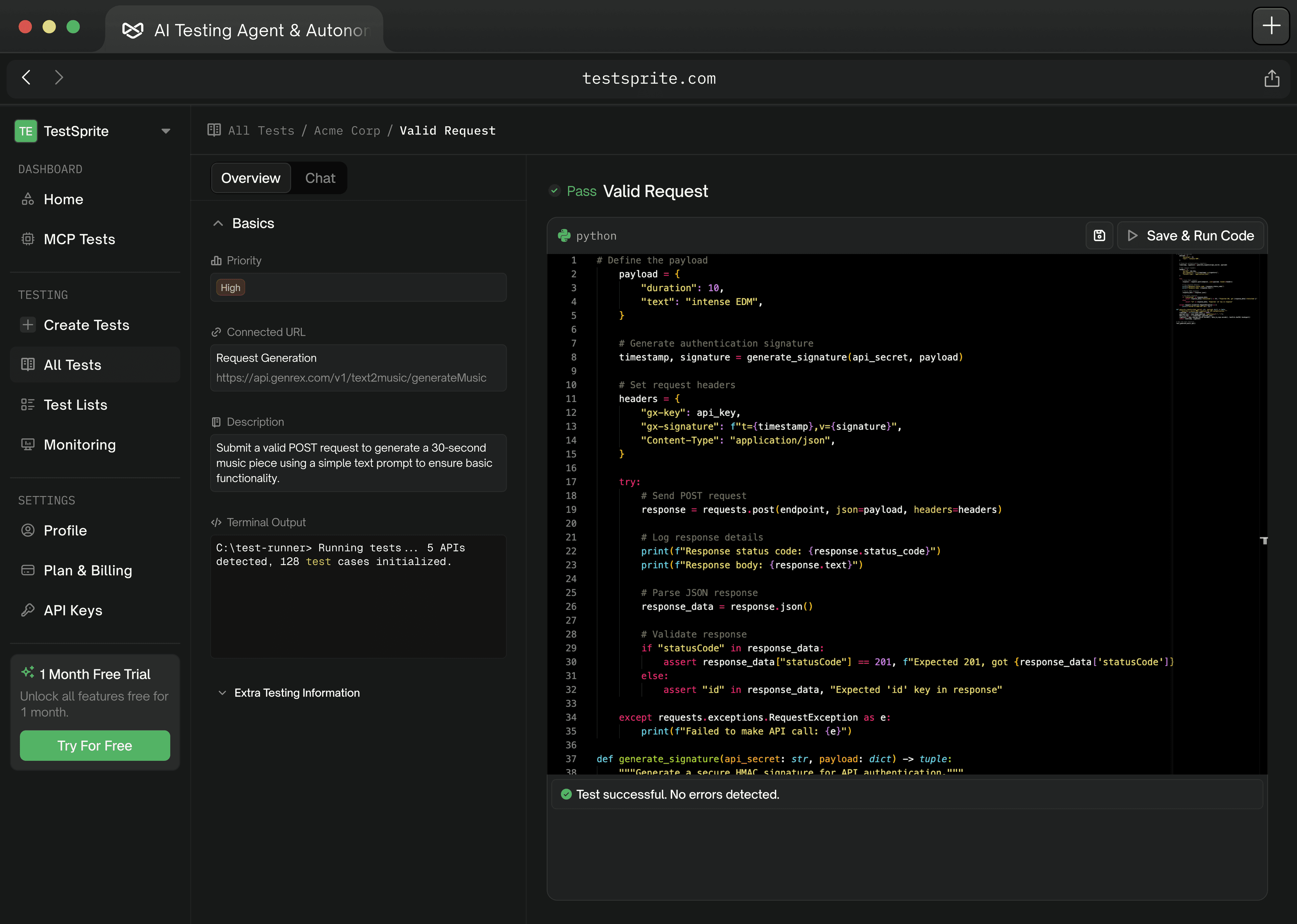 TestSprite back-end testing dashboard
