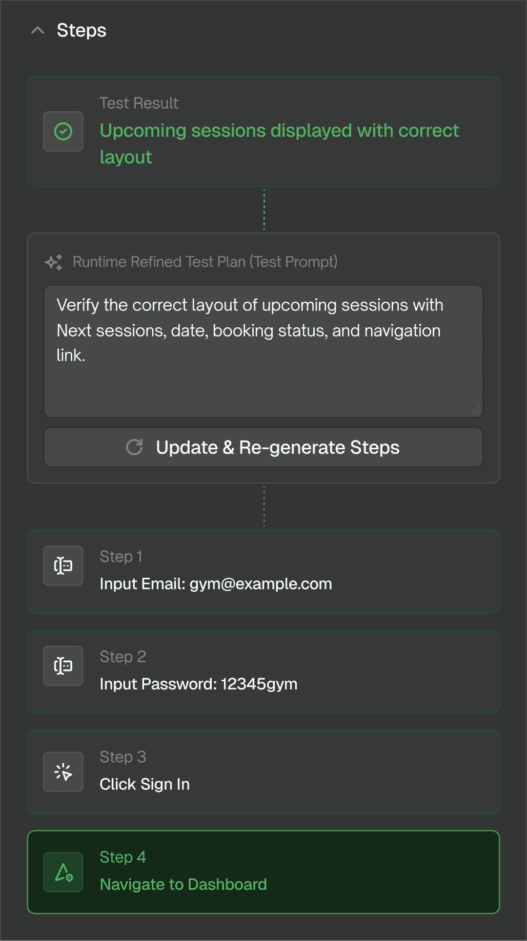 Front-end test steps panel