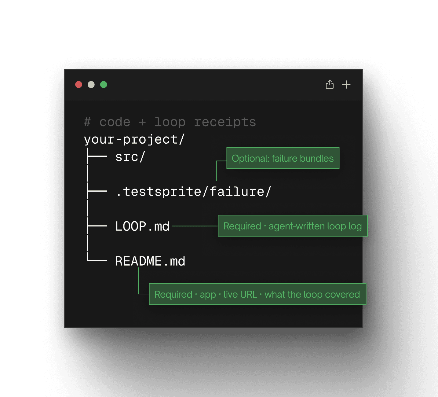 Project structure: src, .testsprite/failure bundles, agent-written LOOP.md, README.md with app and live URL