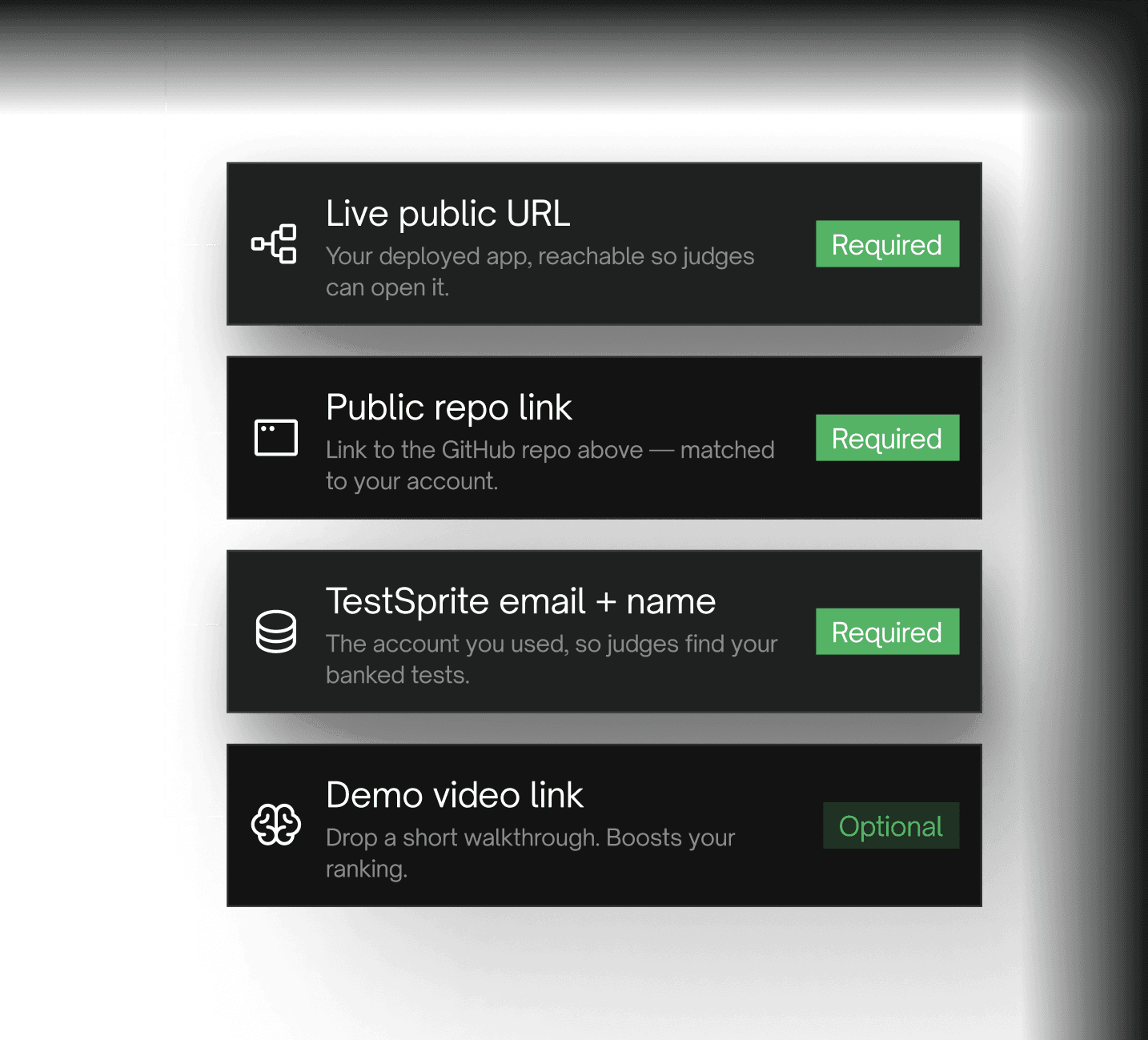 Submission checklist: live public URL, public repo link, TestSprite email and name, demo video link